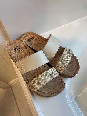 Reef Ivory Slide Sandals with Braided Natural Strap